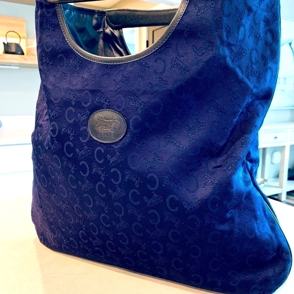 VINTAGE Celine Jacquard C Fabric & Leather Handbag Tote